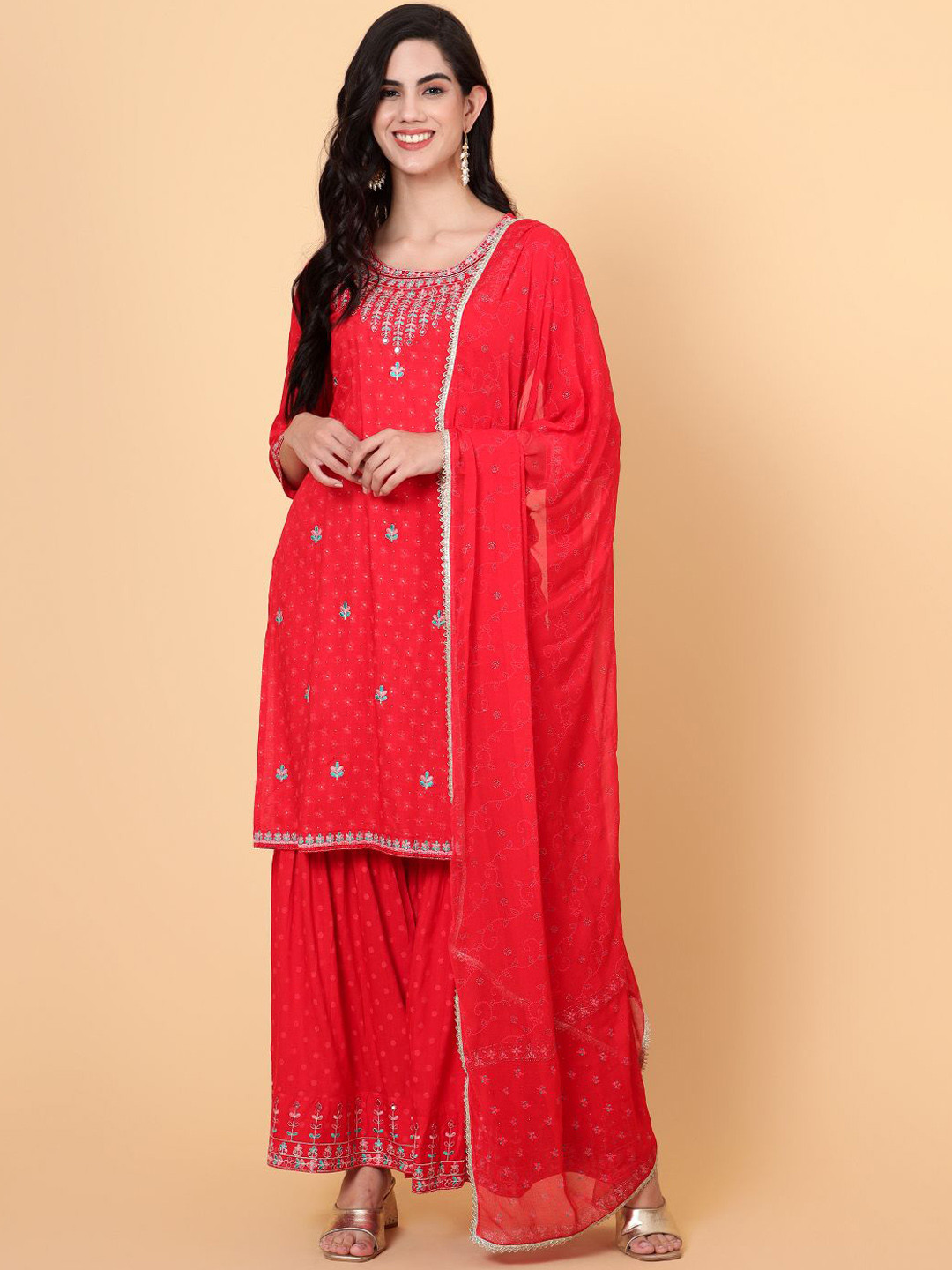 Bani Women Floral Embroidered Thread Work Pure Cotton A-Line Kurta With Sharara & Dupatta