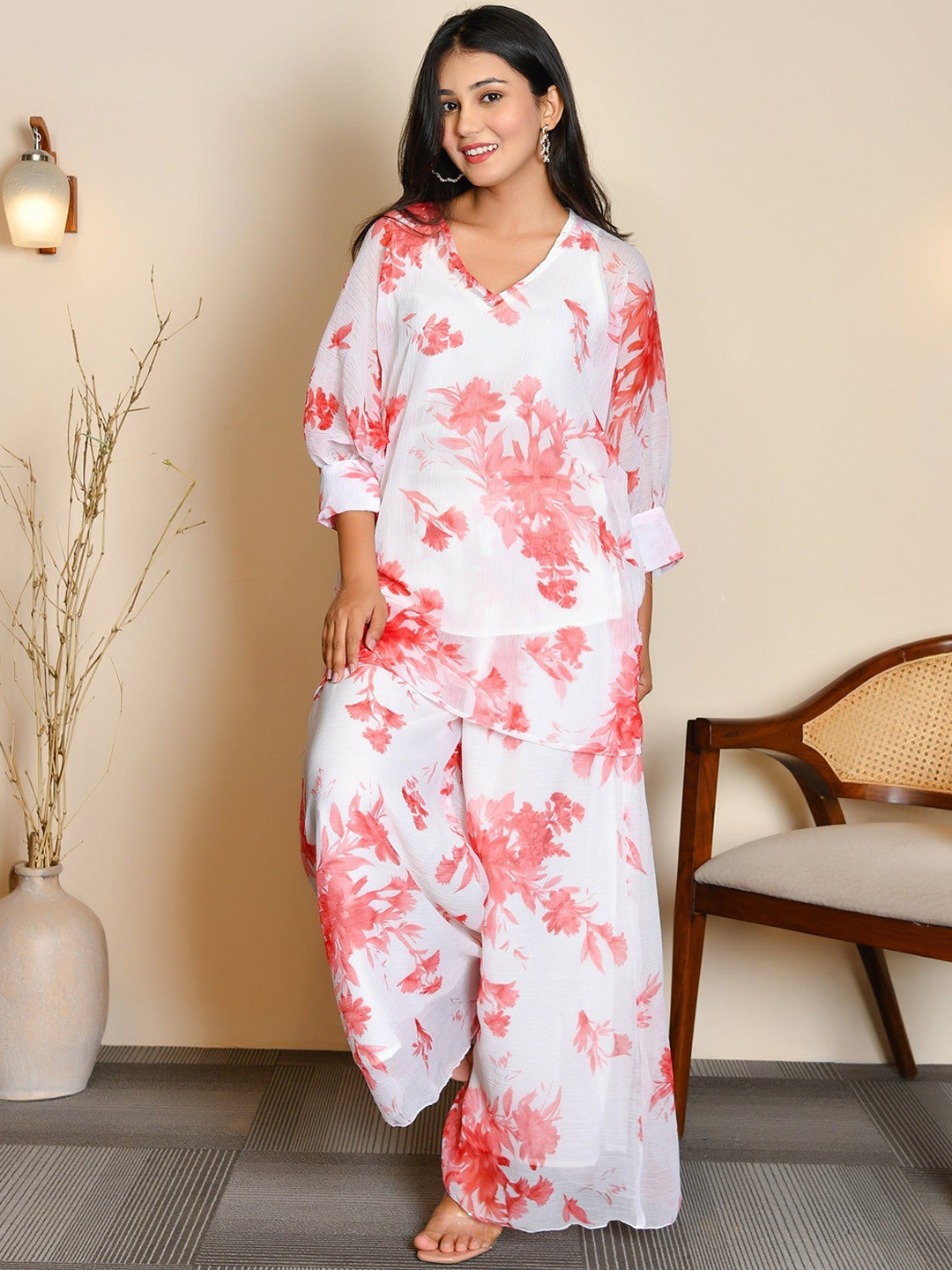 Thread & Button V Neck Floral Printed Regular Silk Chiffon Top with Palazzos