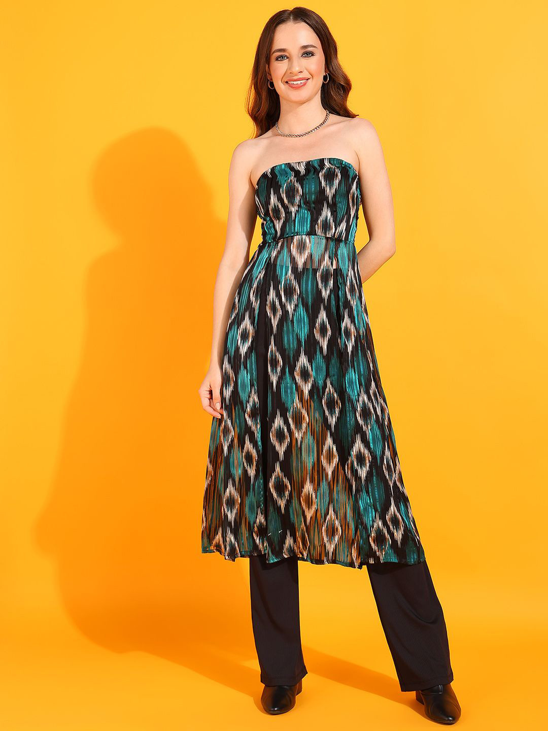 DODO & MOA Black Geometric Printed Strapless Front Slits Maxi Longline Casual Tunic