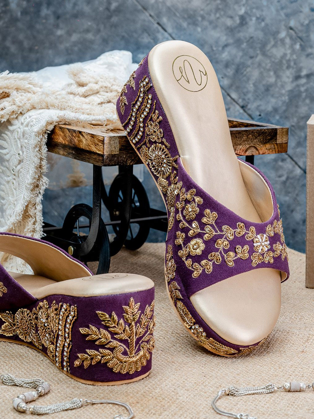 NR By Nidhi Rathi Embellished Open Toe Velvet Wedge Heels