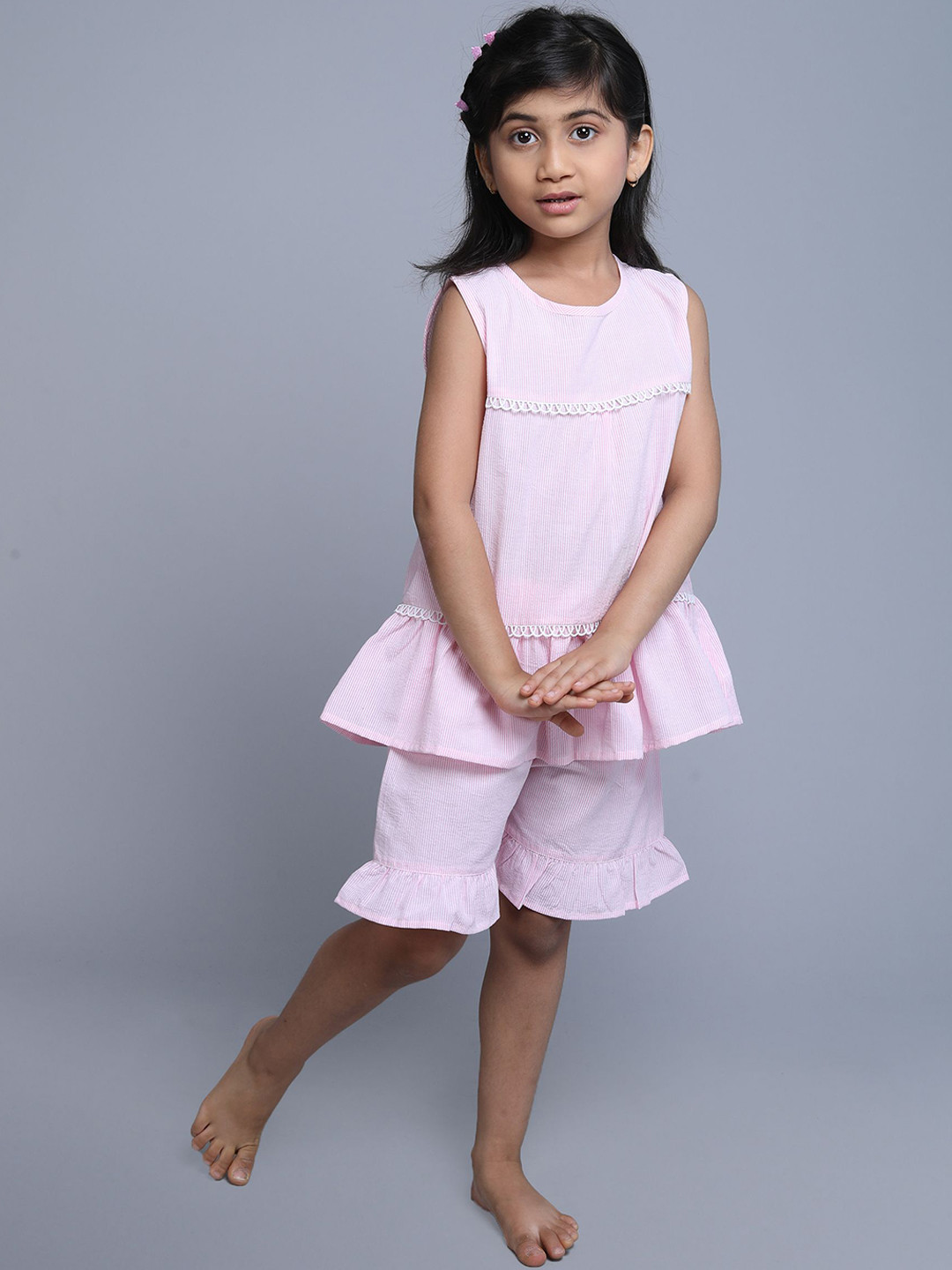 BAESD Girls Striped Pure Cotton Round Neck Top With Flared Shorts Clothing Set