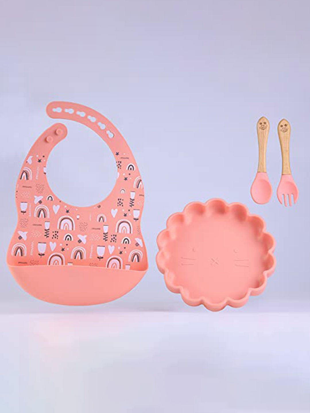 Starkiddo Pink Round Plate With Bibs Spoon & Fork