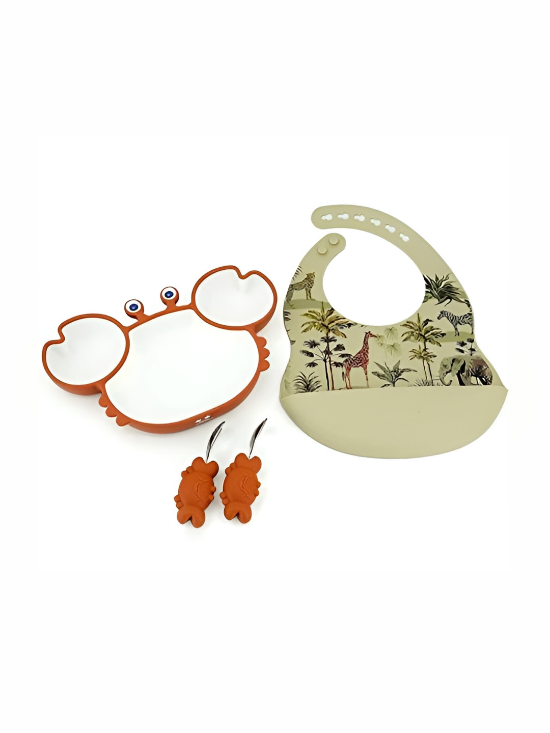 Starkiddo Brown Crab-Shape Plate With Bibs Spoon & Fork