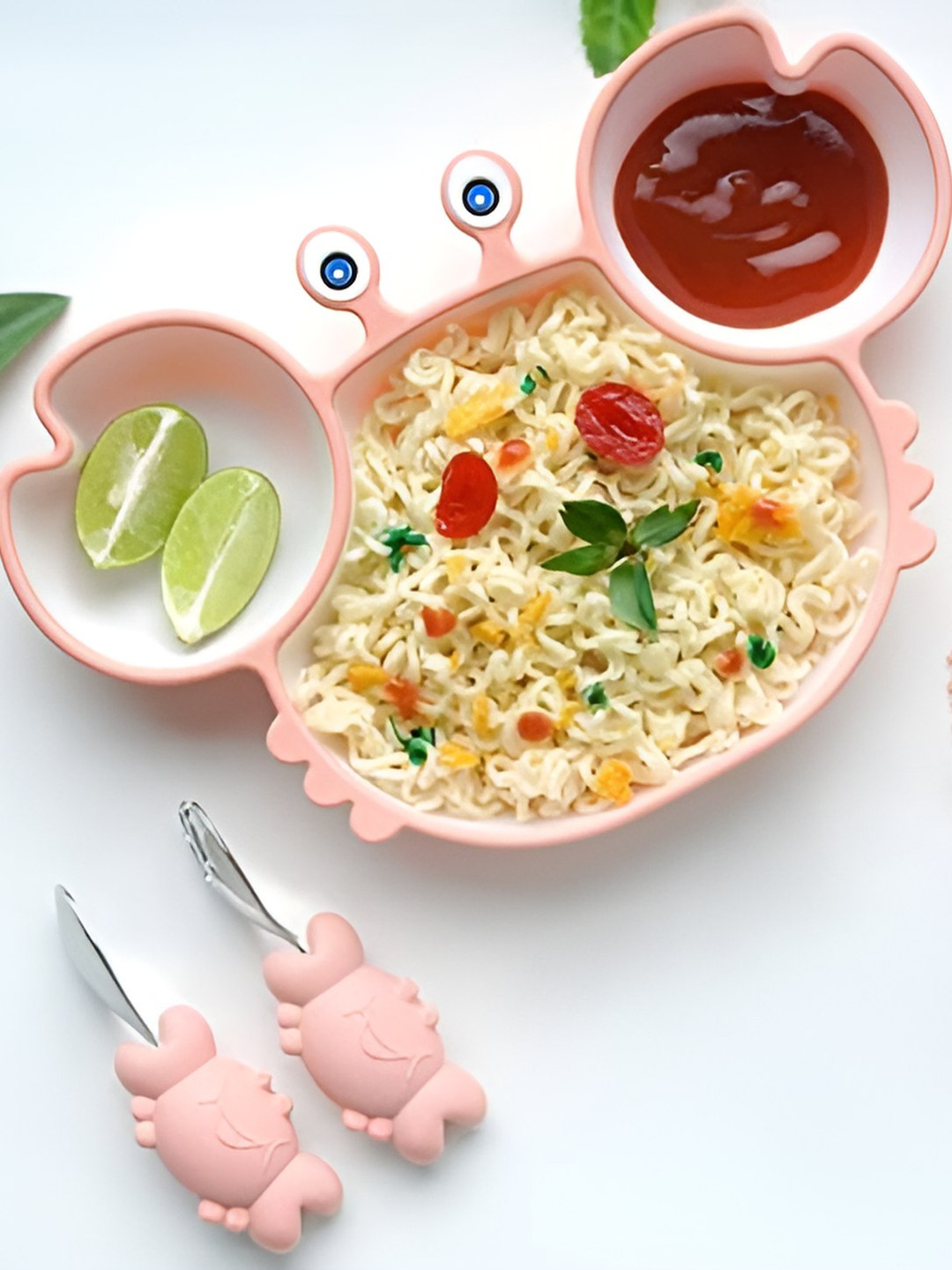 Starkiddo Kids Pink Crab-Shape Plate With Spoon & Fork