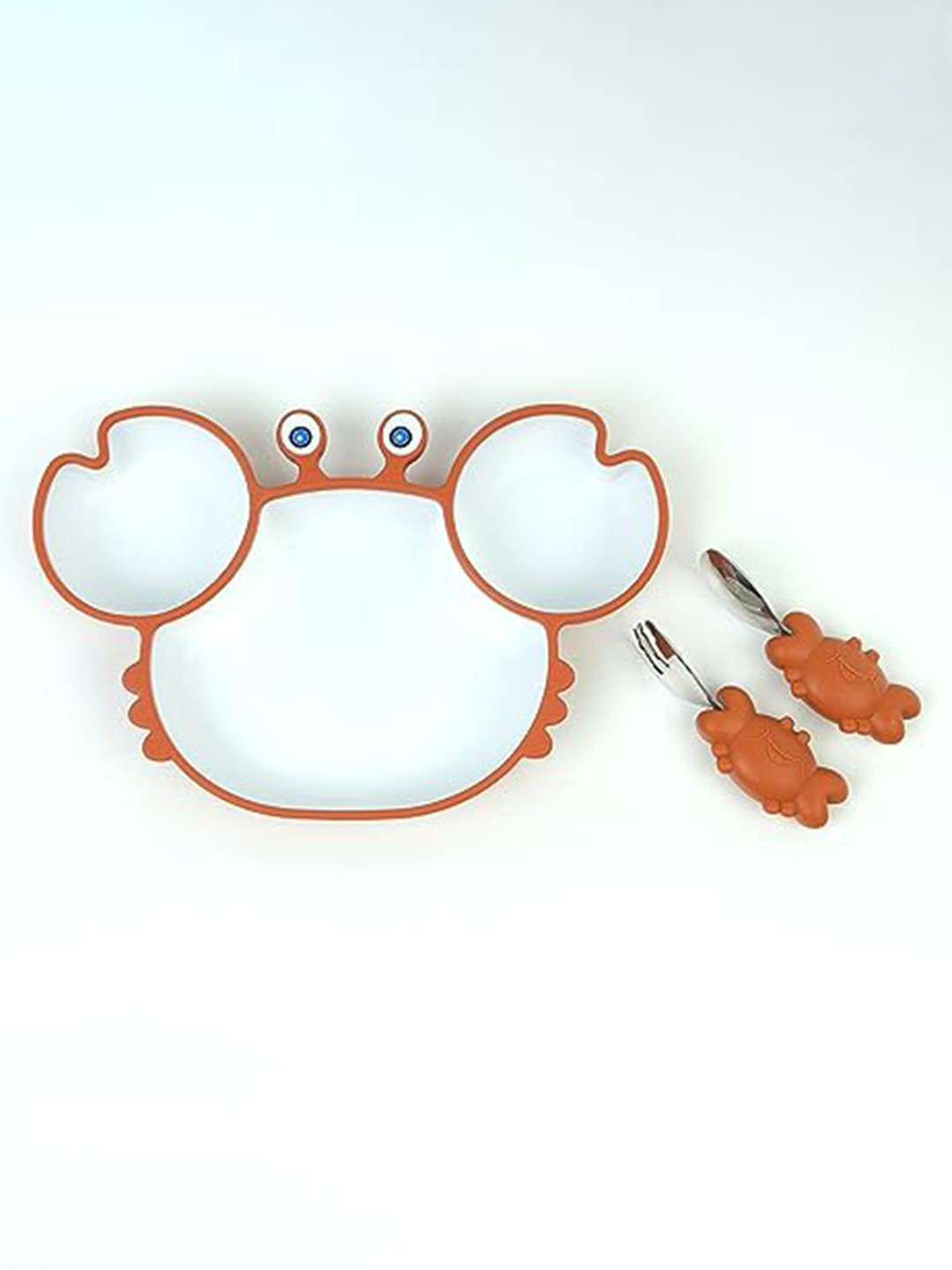 Starkiddo Kids Brown & White Crab Design Silicone Plate With Spoon & Fork