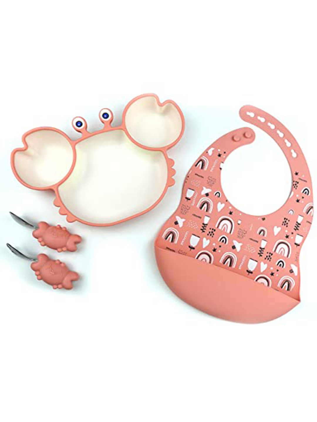 Starkiddo Pink 3 Pieces Crab-Shape Plate With Bibs Spoon & Fork