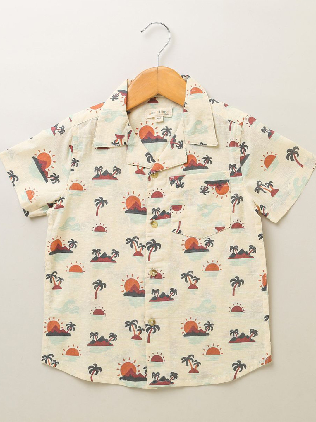 Sweetlime By AS Boys Standard Fit Conversational Printed Cuban Collar Cotton Linen Shirt