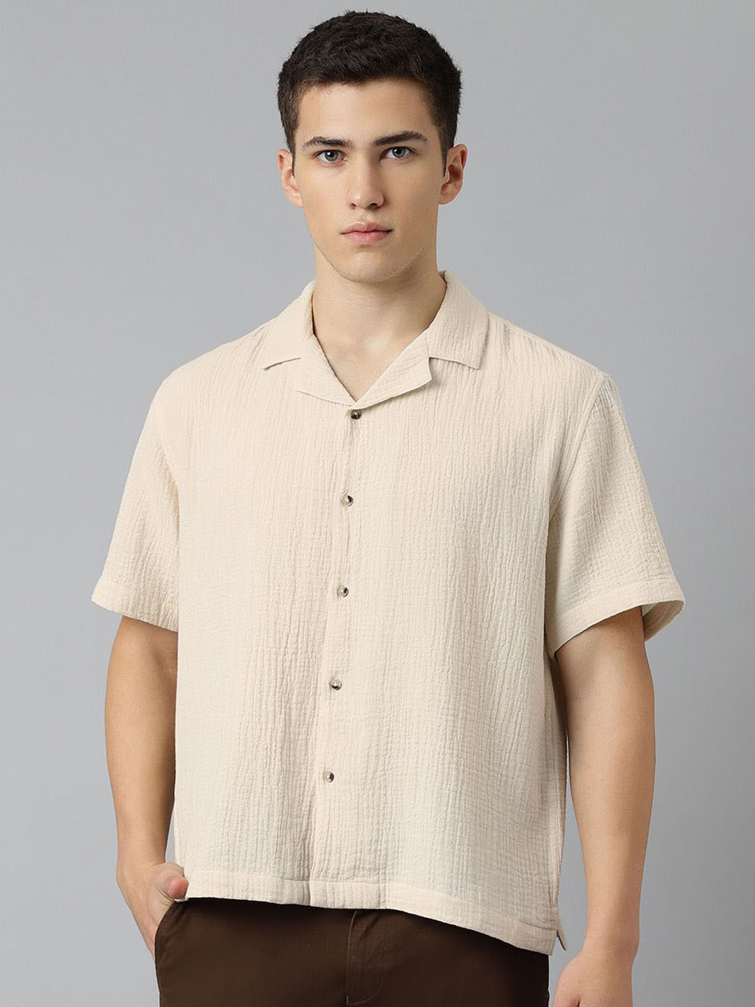 SUBTRACT Comfort Boxy Fit Cuban Collar Seersucker Weave Pure Cotton Casual Shirt