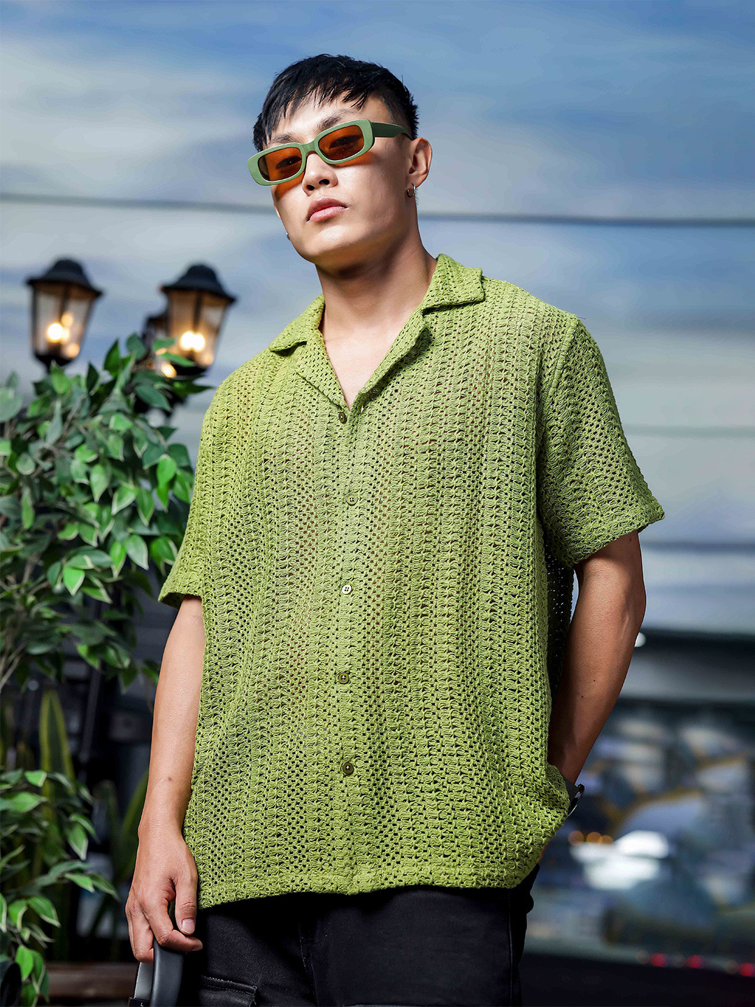 House of Koala Unisex Crochet Open Knit Relaxed Fit Pure Cotton Resort Shirt