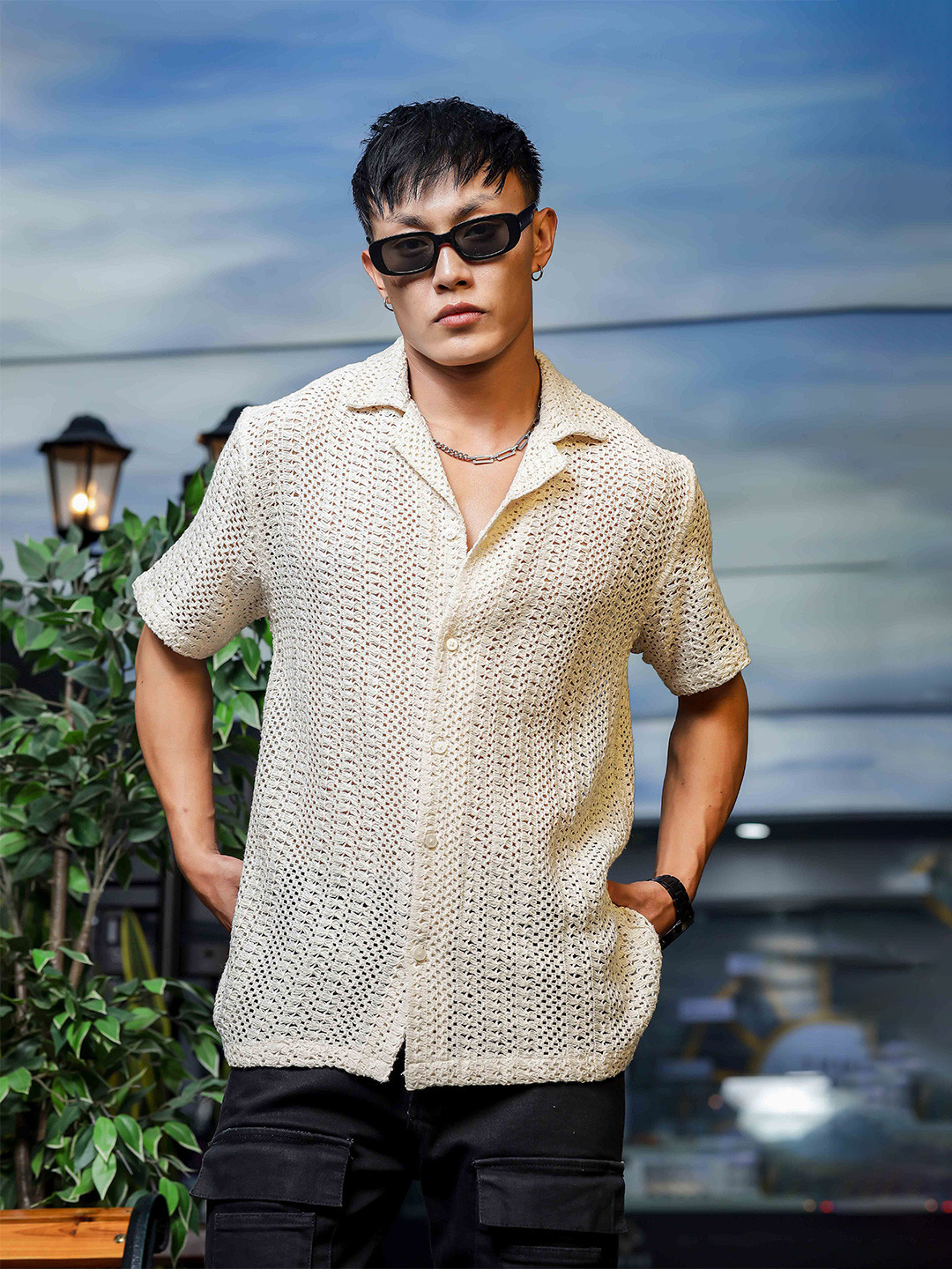 House of Koala Unisex Crochet Open Knit Relaxed Fit Pure Cotton Resort Shirt