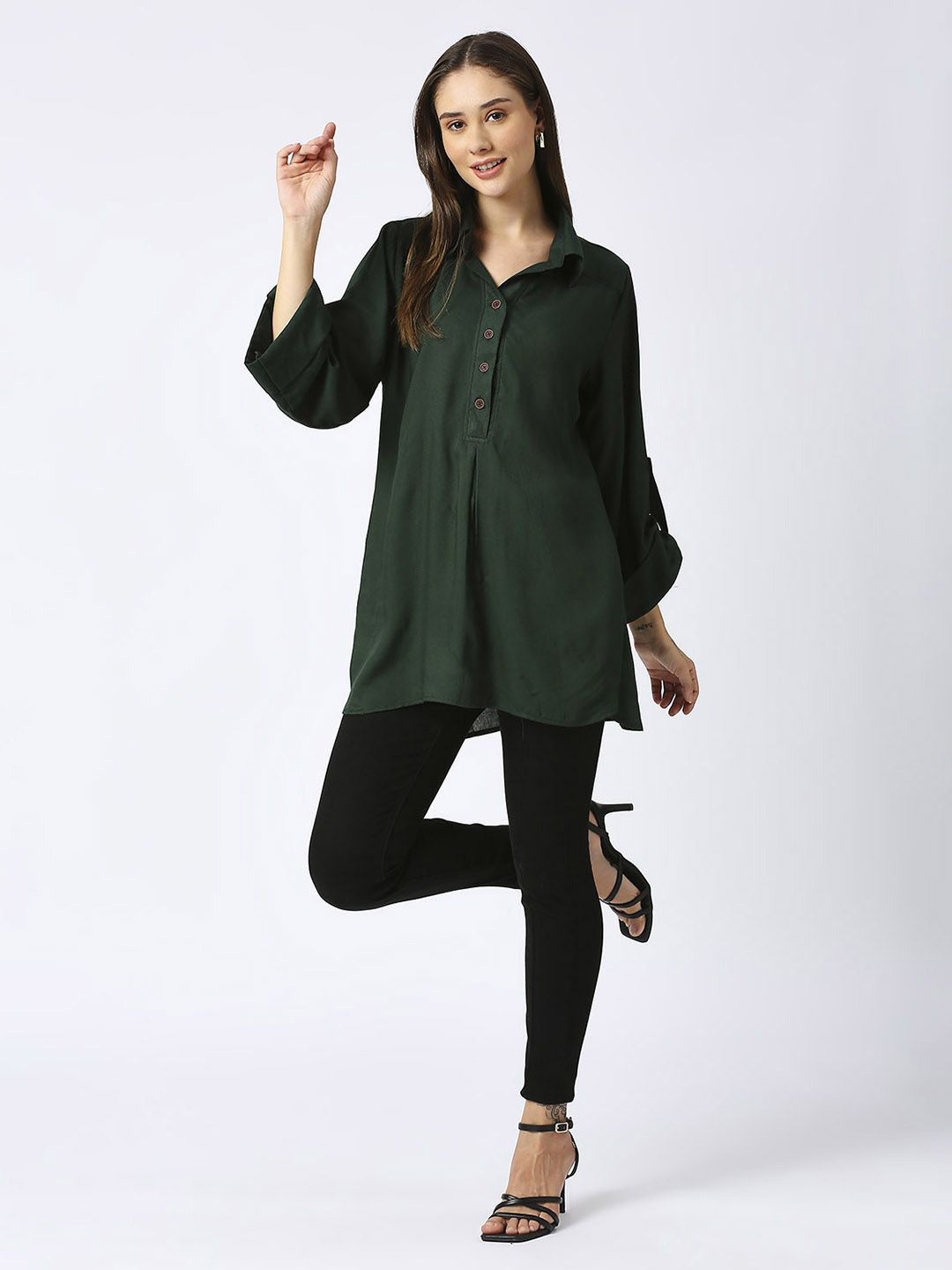 Pink Guava Shirt Collar Roll-Up Sleeves Shirt Style Top