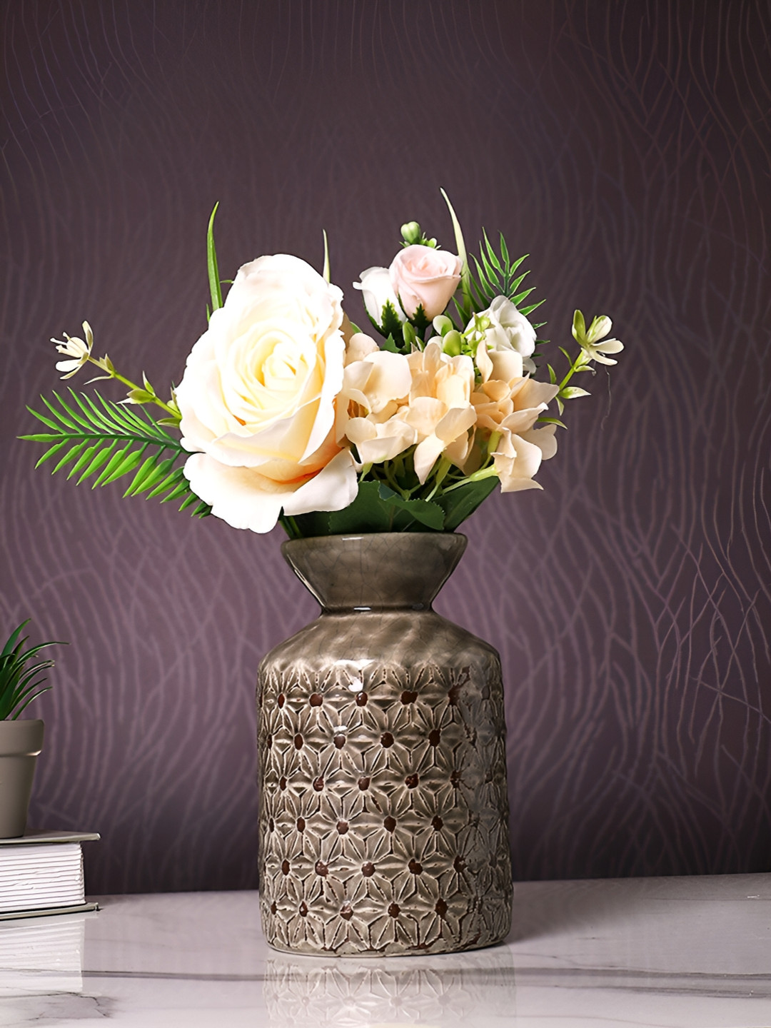 Aura Brown Embossed Ceramic Vase