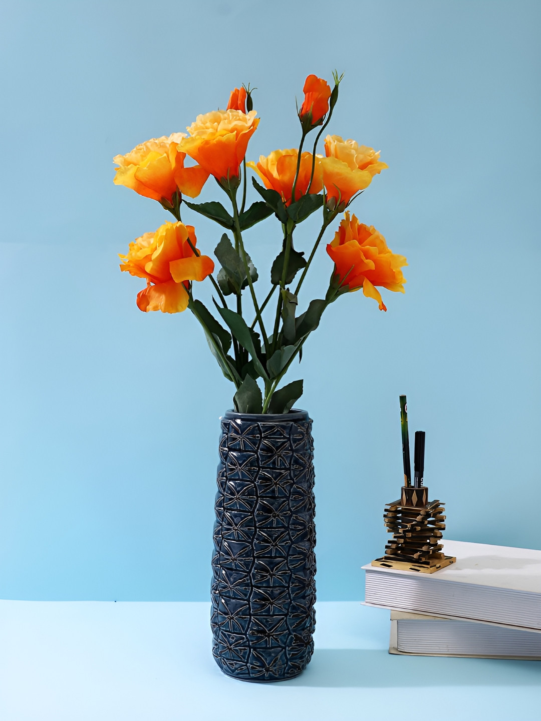 Aura Blue Pineapple Designed Carvings Vase