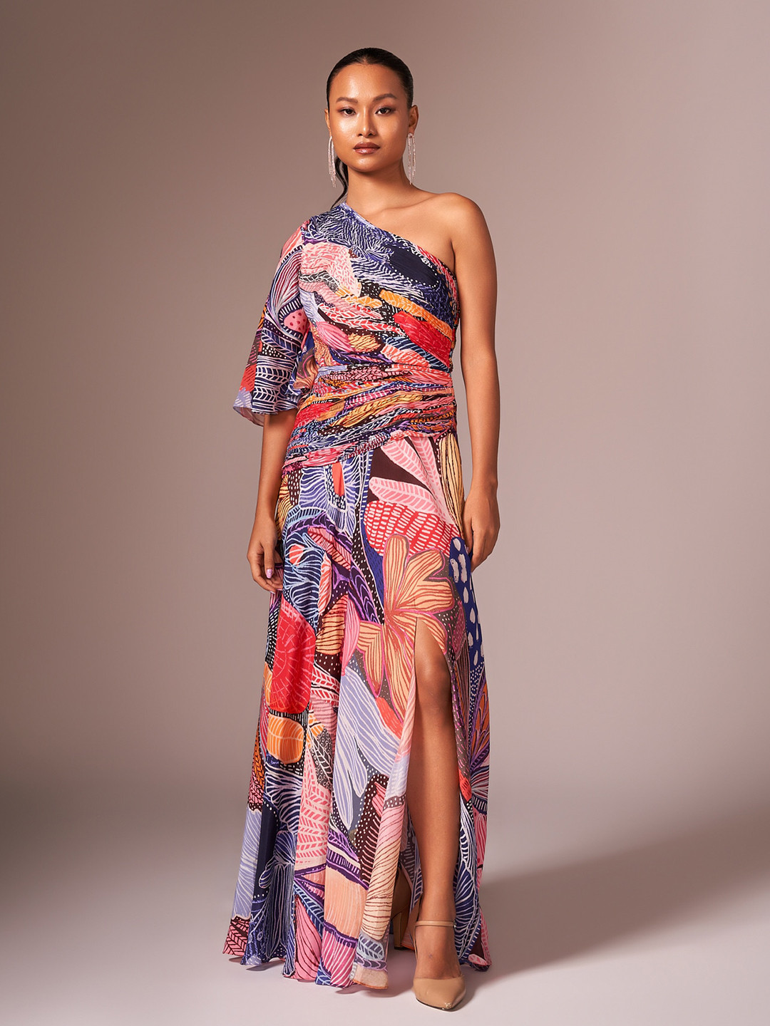 NEETIANDMUDITA Print One Shoulder Flared Sleeve Crepe Maxi Dress