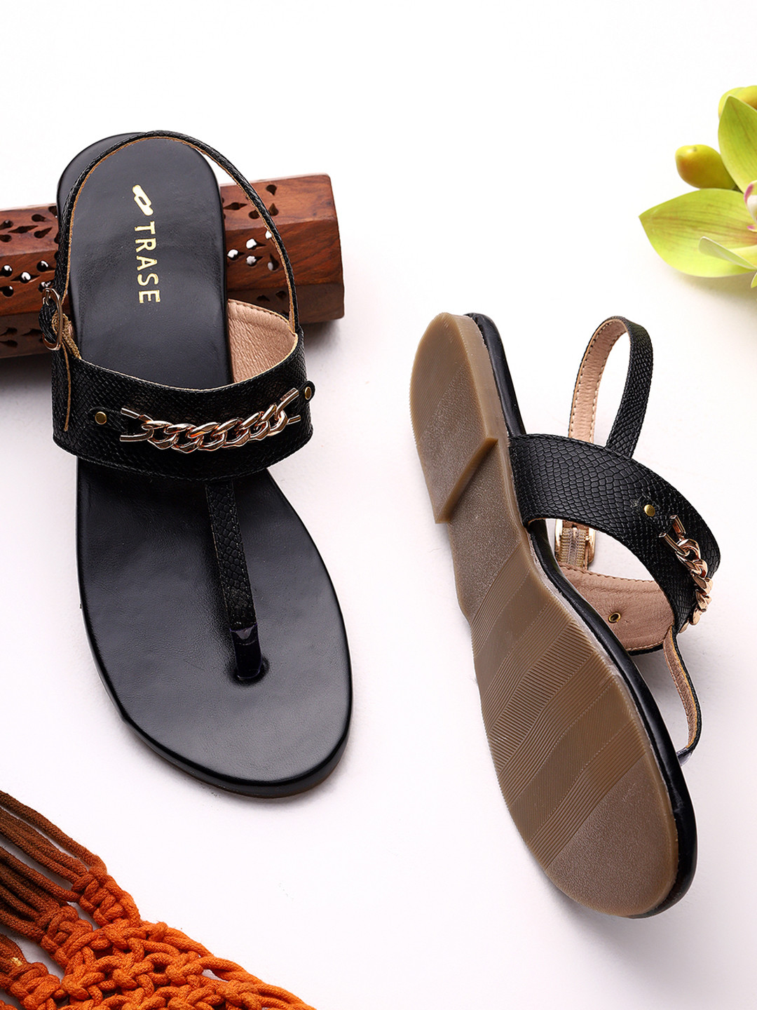 TRASE Embellished Open Toe Flats