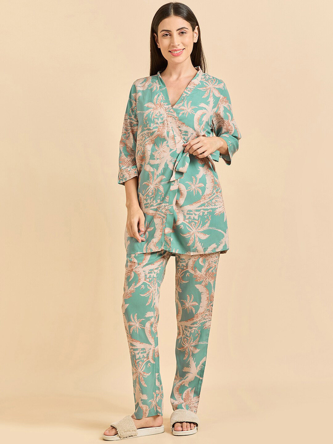 Sweet Dreams Sea Green Floral Printed V-Neck Top & Kaftan With Pyjamas