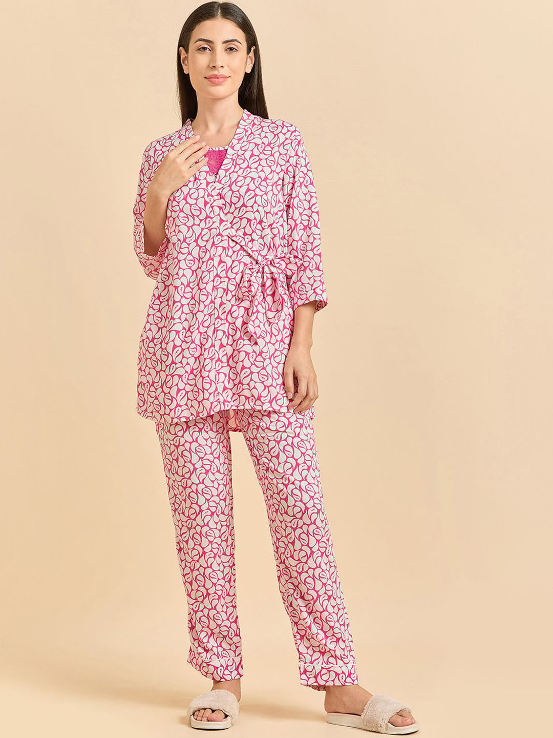 Sweet Dreams Pink Printed V-Neck Top & Kaftan With Pyjamas