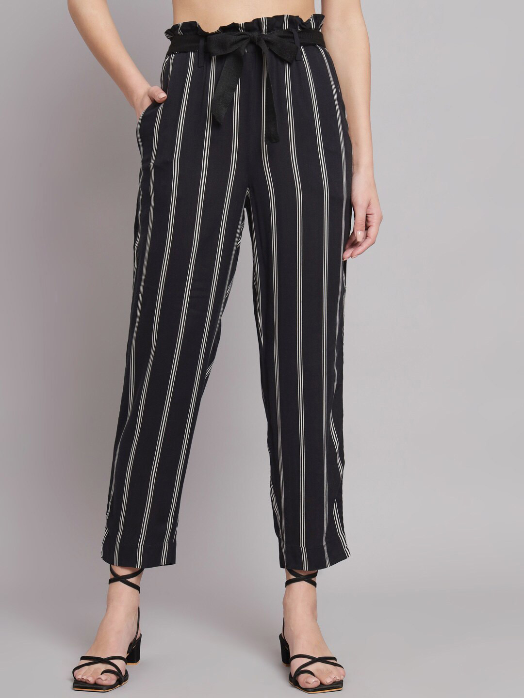 NoBarr Women Striped Waist Belt Detailing High-Rise Cropped Casual Trousers