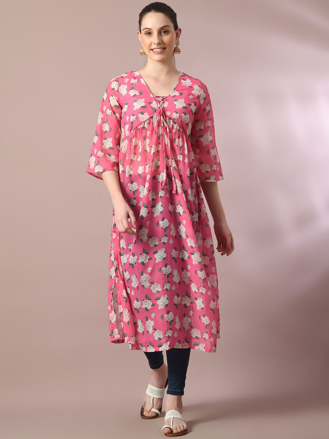 HERE&NOW Pink Floral Printed V-Neck Flared Sleeves Georgette A-Line Nyra-Cut Kurta