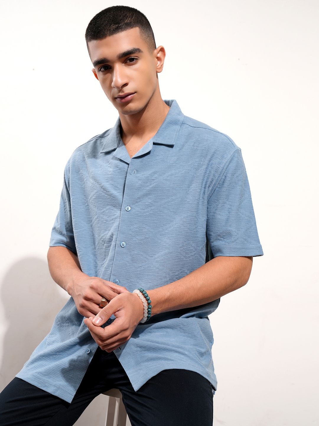 HIGHLANDER Relaxed Fit Drop Shoulder Cuban Collar Half Sleeve Shirt