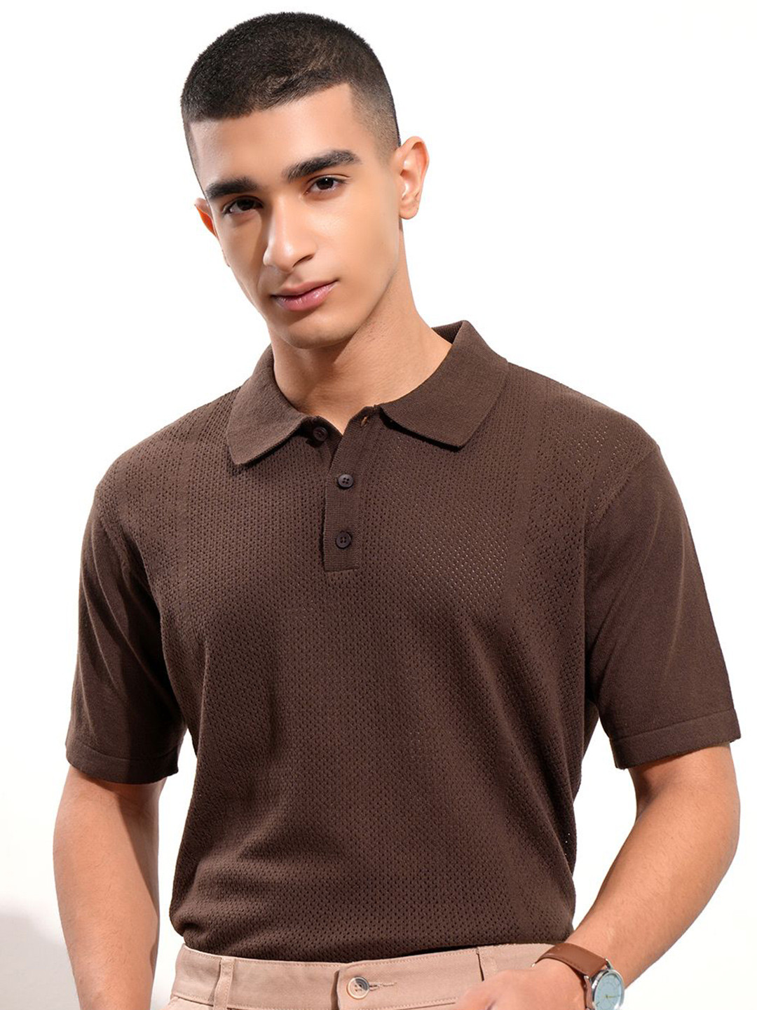 HIGHLANDER Men Relaxed Fit Short Sleeve Half Placket Polo Collar Cotton T-shirt