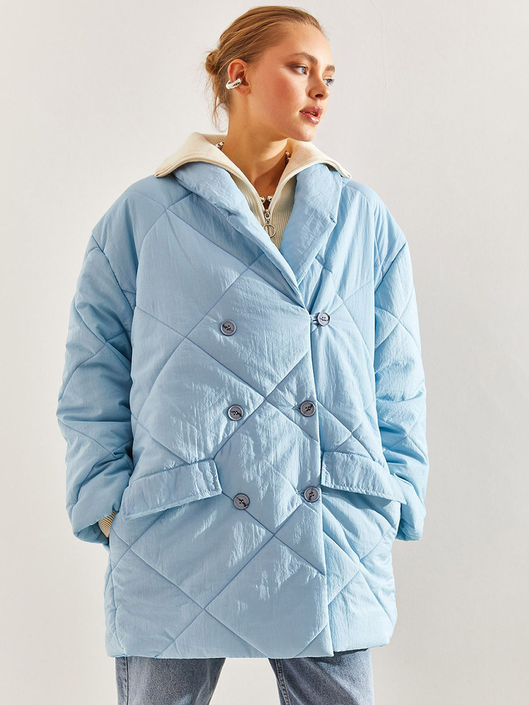 BIANCO LUCCI Shawl Collar Snap Button Longline Quilted Jacket