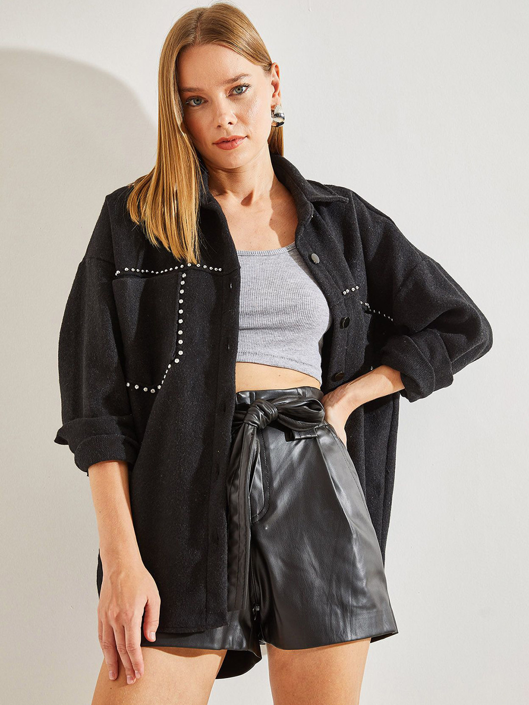 BIANCO LUCCI Spread Collar Long Sleeves Pure Cotton Open Front Jacket