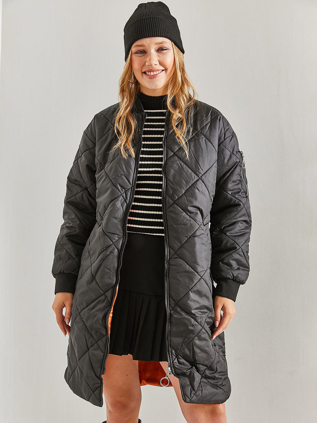 BIANCO LUCCI Stand Collar Longline Quilted Jacket