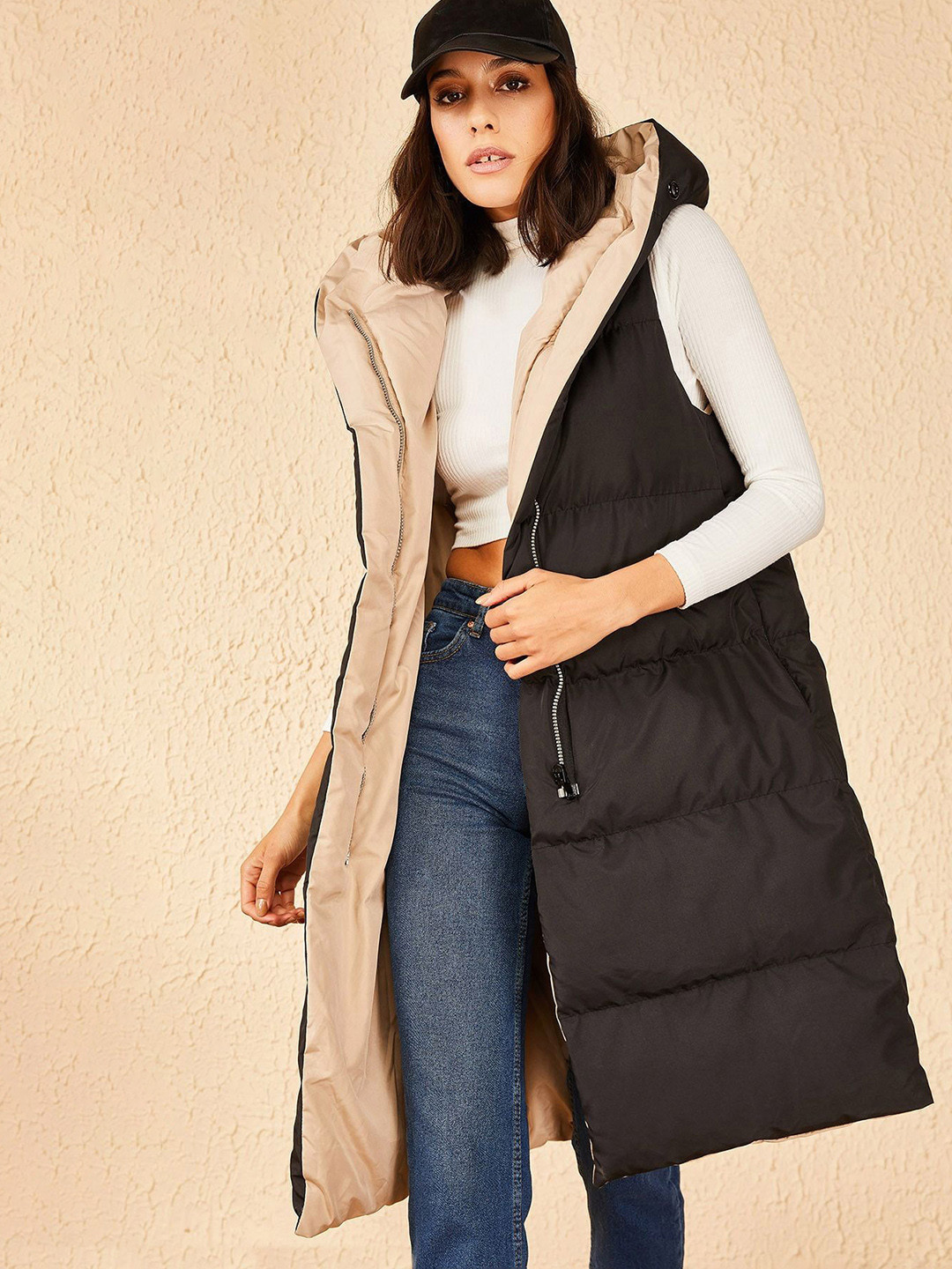 BIANCO LUCCI Hooded Sleeveless Reversible Longline Padded Jacket