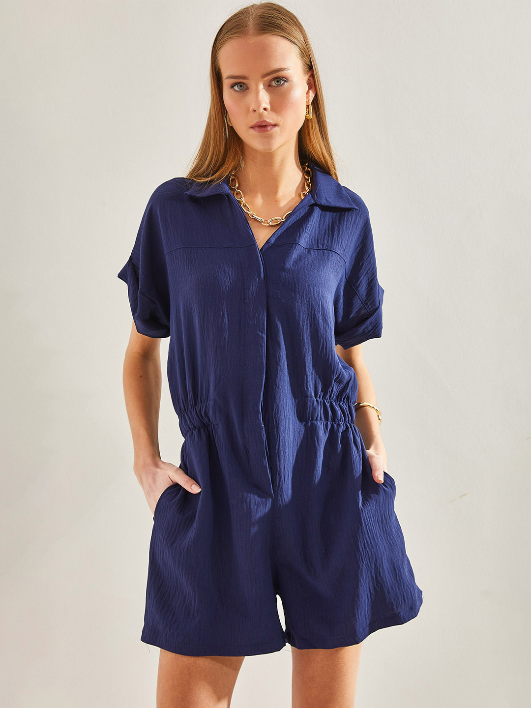 BIANCO LUCCI Textured Shirt Collar Playsuit