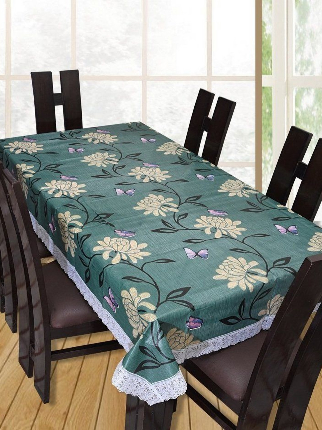Aura Green Floral & White 6Seater Rectangle Table Cover