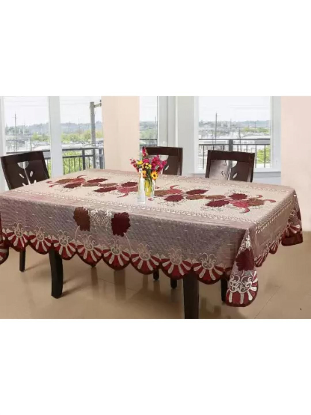 Aura Maroon Floral Textured 6-Seater Table Cover