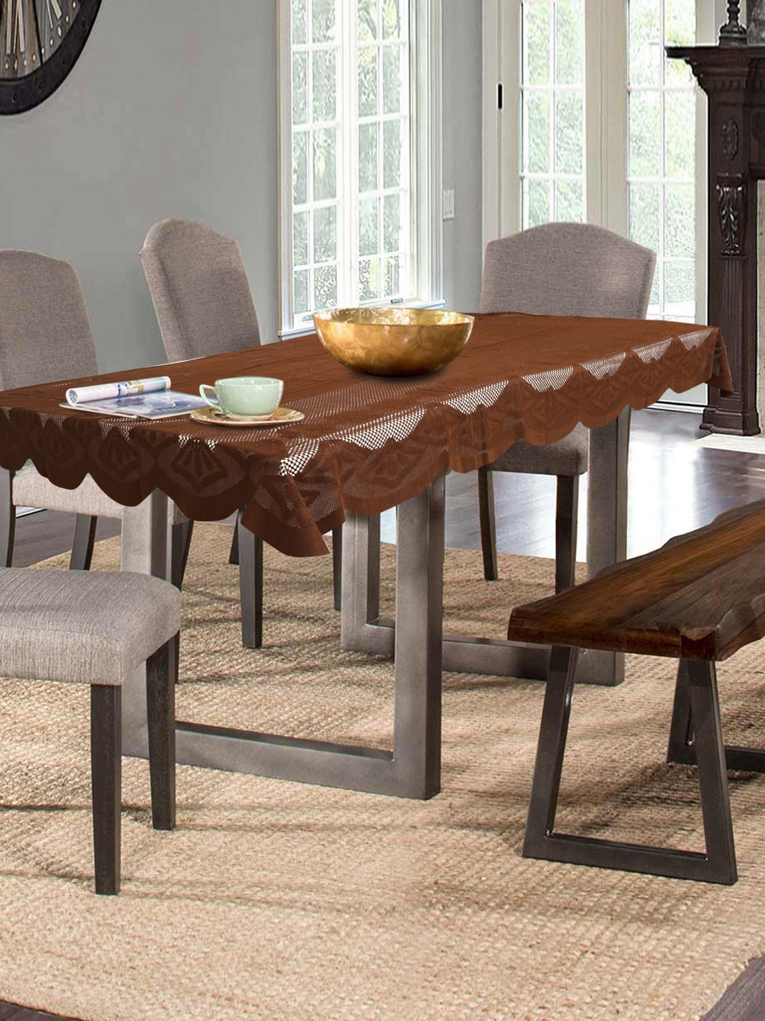 Aura Brown Self Design Textured Rectangle Table Cover