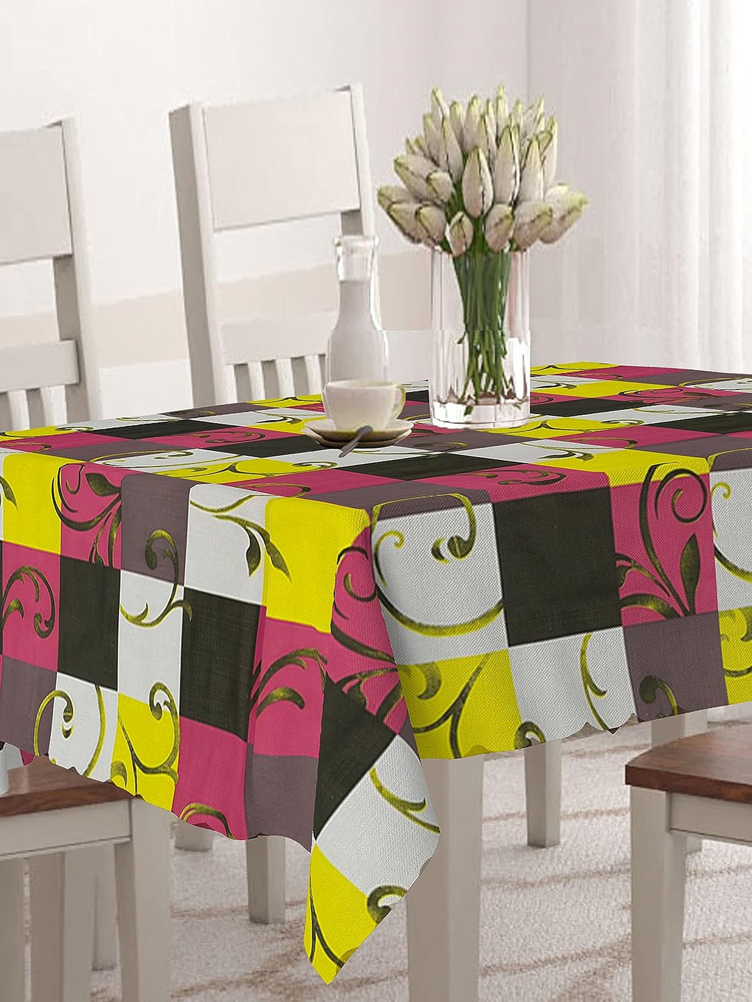 Aura Black & Yellow Floral Printed Rectangle Table Cover