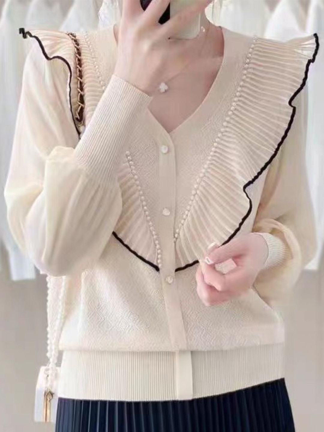 StyleCast Cream-Coloured Girls Self Design V-Neck Cuffed Sleeves Ruffles Detail Top