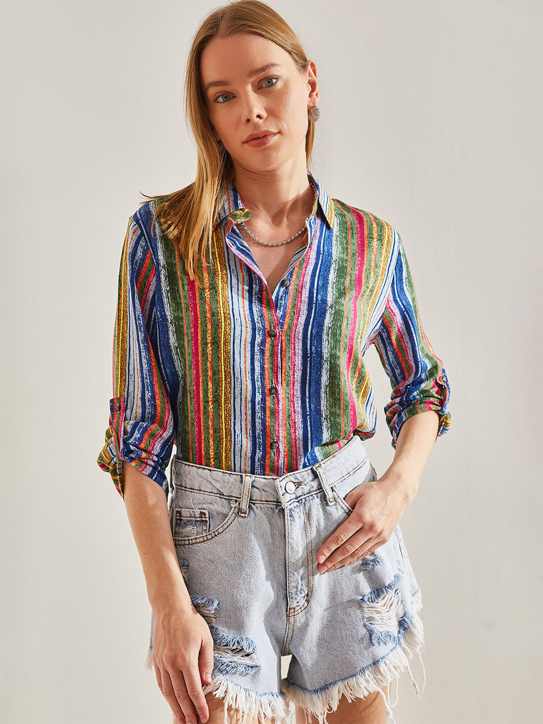 BIANCO LUCCI Multi Stripes Spread Collar Long Roll Up Sleeves Casual Shirt