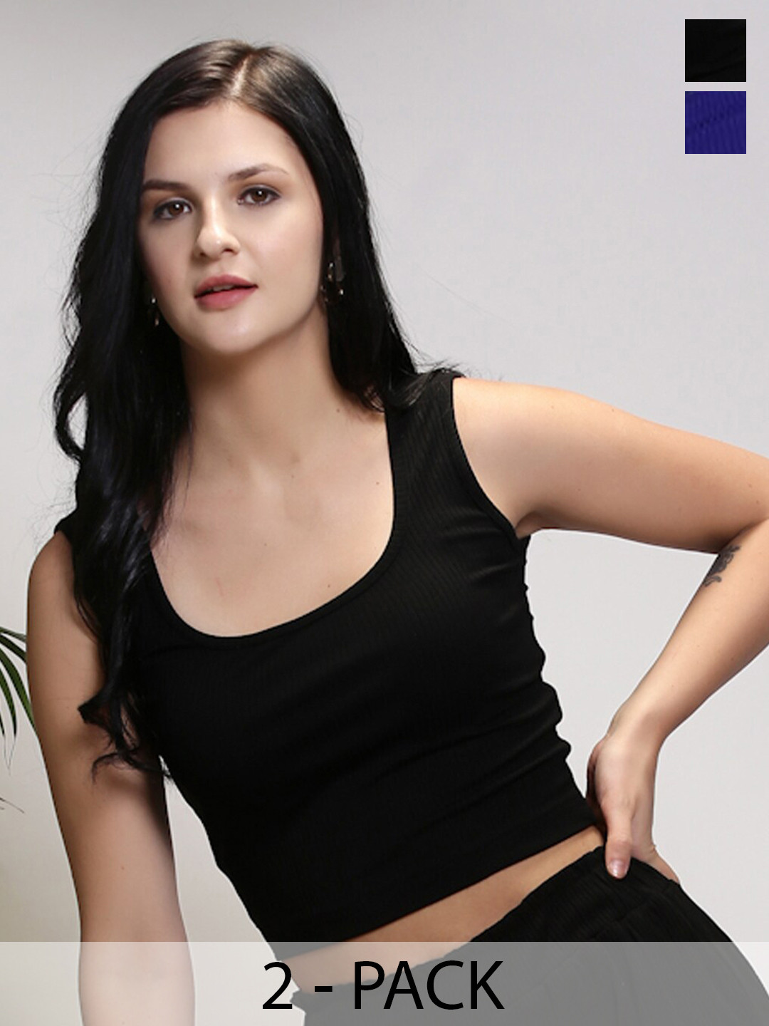 Sera Basics Pack Of 2 Ribbed Scoop Neck Fitted Crop Tops
