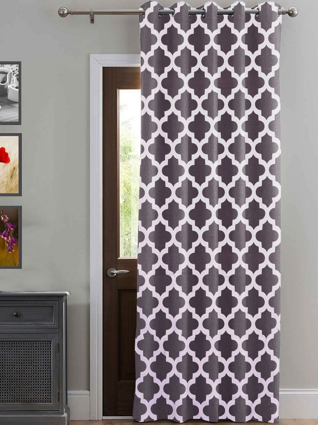 HOMEMONDE Grey & Lavender Geometric Cotton Room Darkening Window Curtain