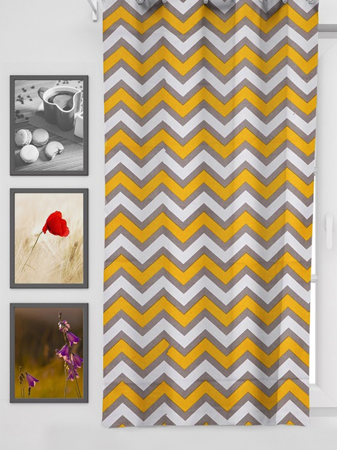 HOMEMONDE Yellow & White Chevron Printed Room Darkening Window Curtain