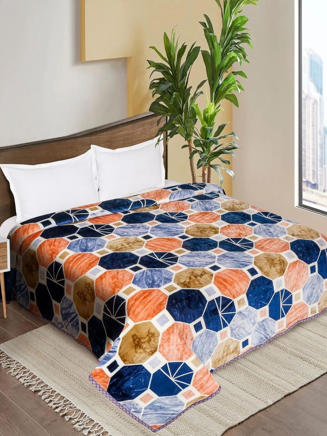 Signature Blue & Orange Geometric AC Room 350 GSM Single Bed Blanket