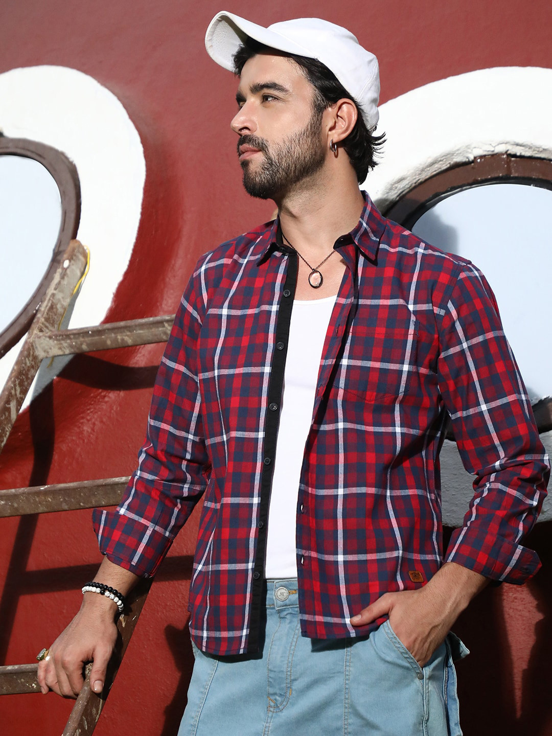 CAHOOT Men's Tartan Checked Spread Collar Long Sleeves Casual Shirt