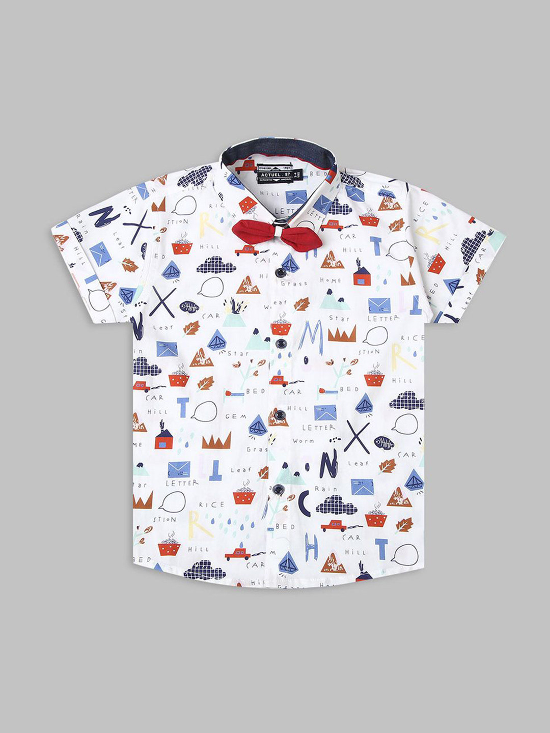 Actuel Boys Conversational Printed Spread Collar Casual Shirt With Detachable Bow