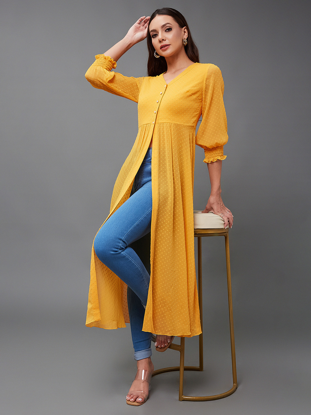 Miss Chase Women's Mustard Yellow V-Neck Solid Empire Maxi Top