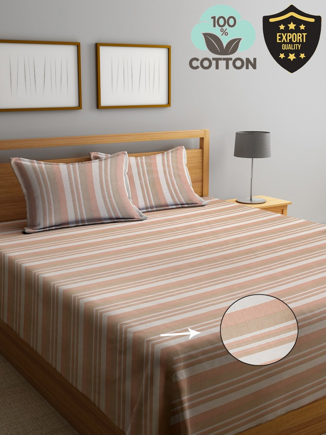 KLOTTHE Striped 400 TC Pure Cotton Double King Bed Cover With 2 Pillow Covers