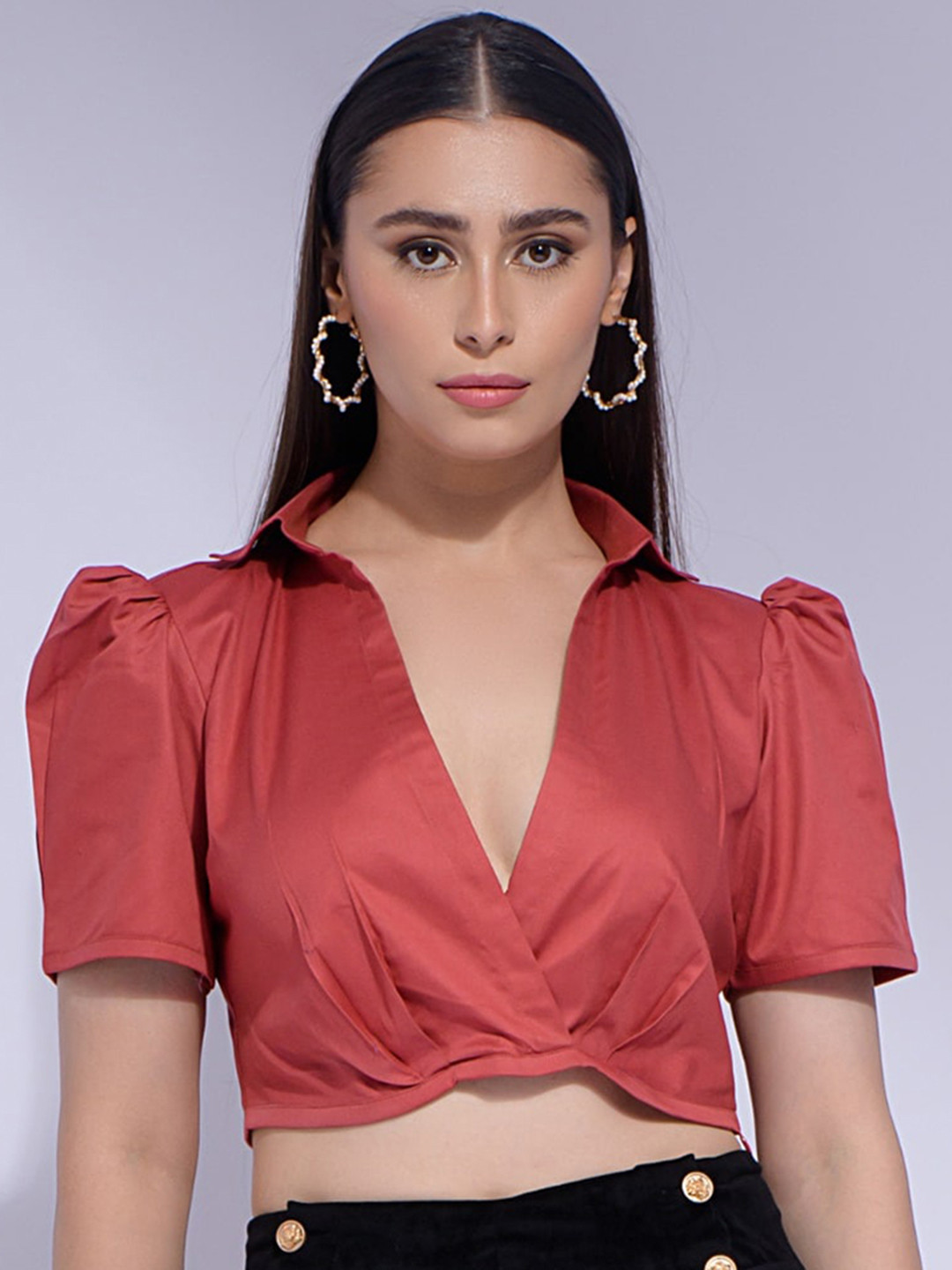 GARDEN PARTY Short Puff Sleeves Pure Cotton Crop Shirt & shorts