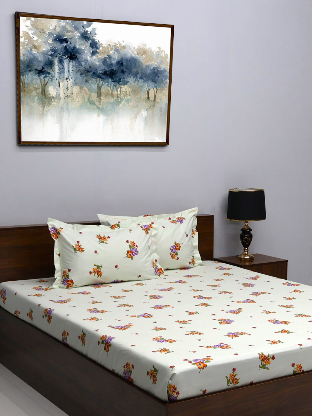 BOMBAY DYEING Green Floral Pure Cotton 164 TC Queen Bedsheet with 2 Pillow Covers-108 x 90 inches