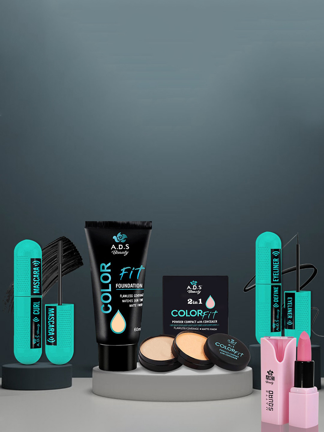 A.D.S Colorfit Compact, Foundation, Eyeliner, Mascara & Lipstick Combo