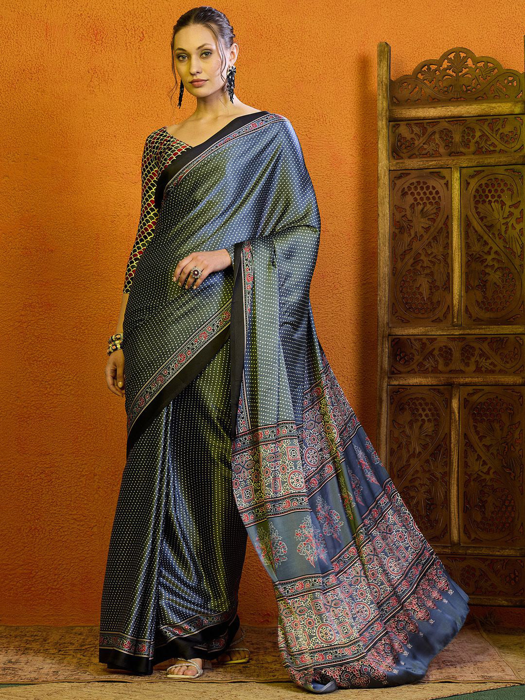 Mitera Polka Dot Satin Block Print Saree