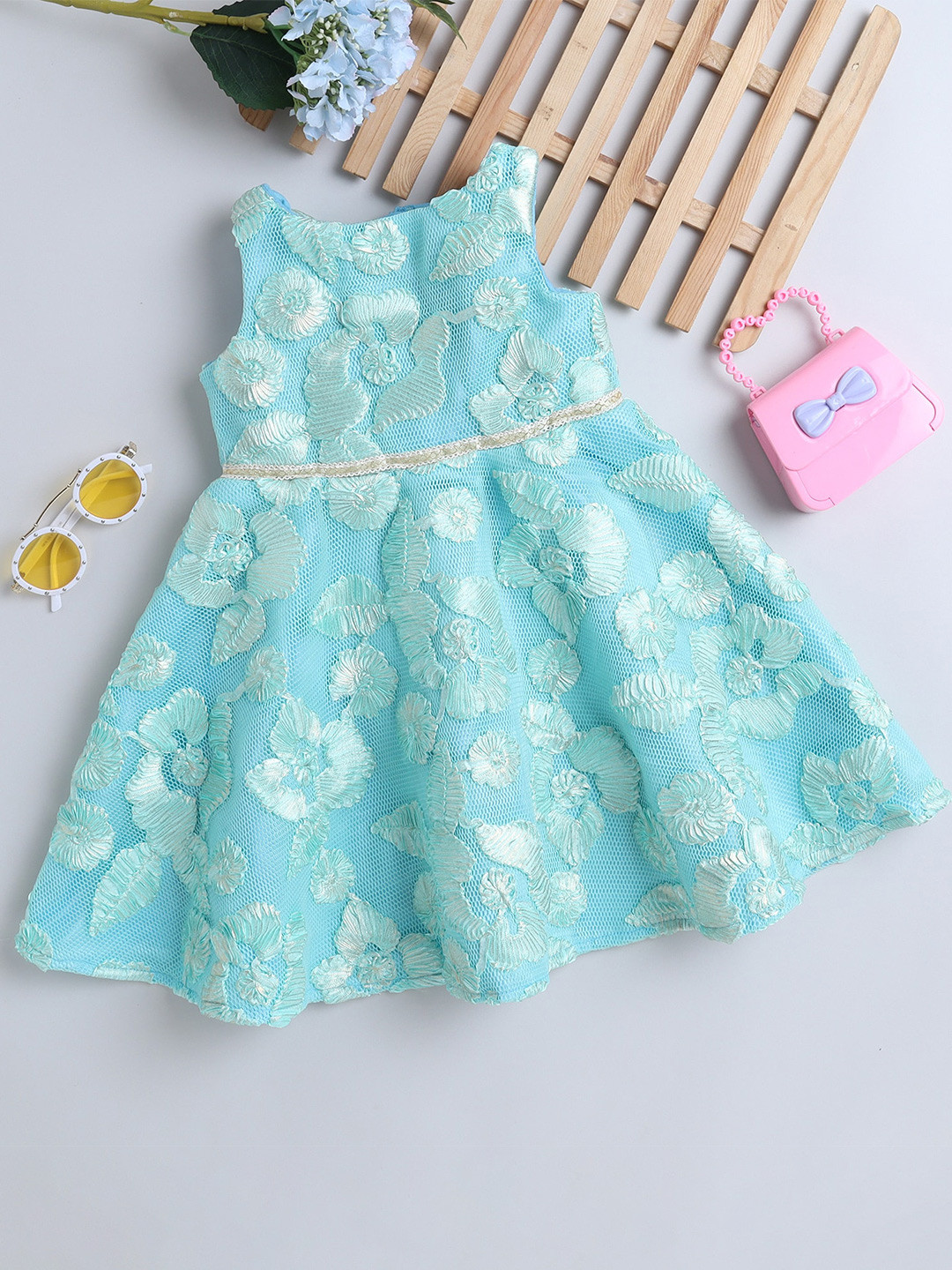 MANY FROCKS & Girls Floral Embroidered Round Neck Net Fit & Flare Dress