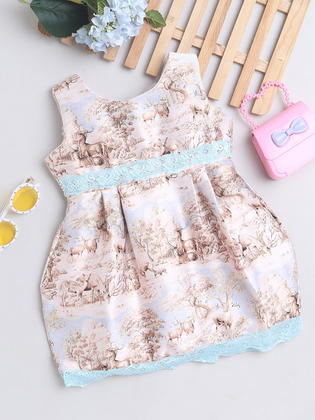 MANY FROCKS & Girls Conversational Printed Sleeveless Satin Fit & Flare Midi Dress